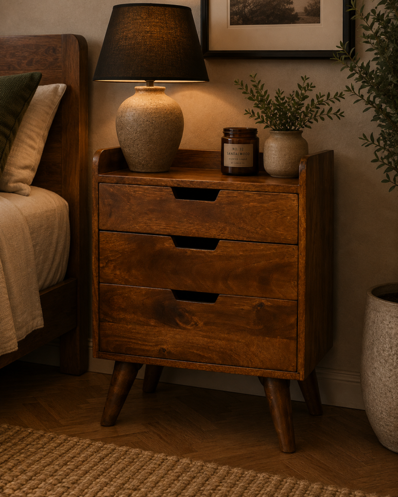 Solid Mango Wood Chestnut Finished 3 Drawer Gallery Back Bedside