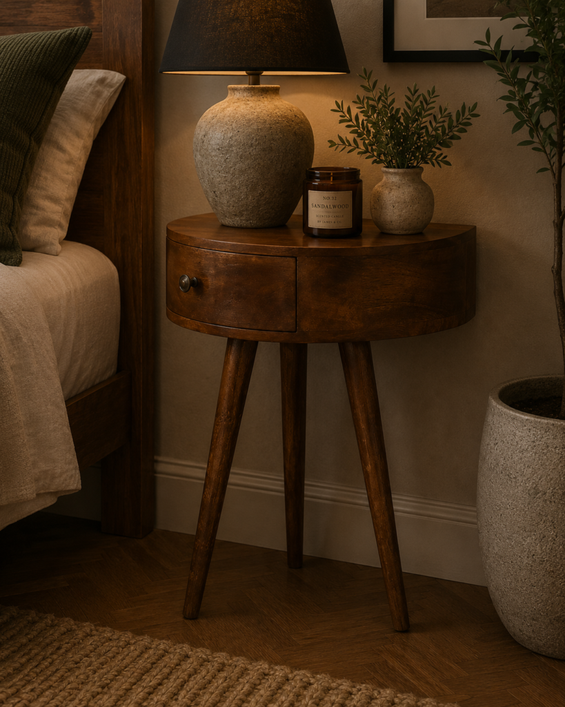 Solid Mango Wood Chestnut Finished 1 Drawer Semi Circle Bedside