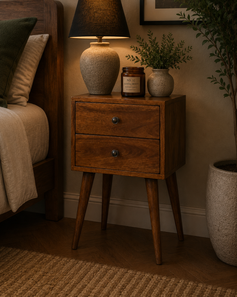 Solid Mango Wood Chestnut Finished 2 Drawer Mini Chestnut Bedside