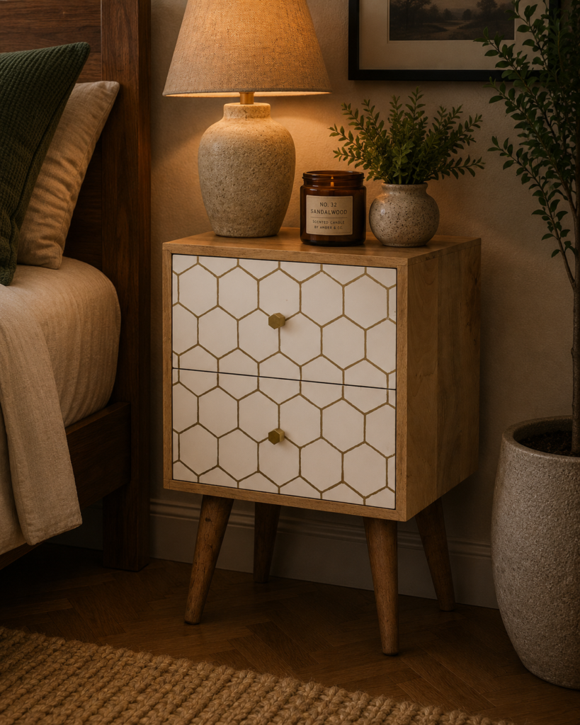 Solid Mango Wood Oak Finished White Front with Brass Inlay 2 Drawer Cassia Bedside