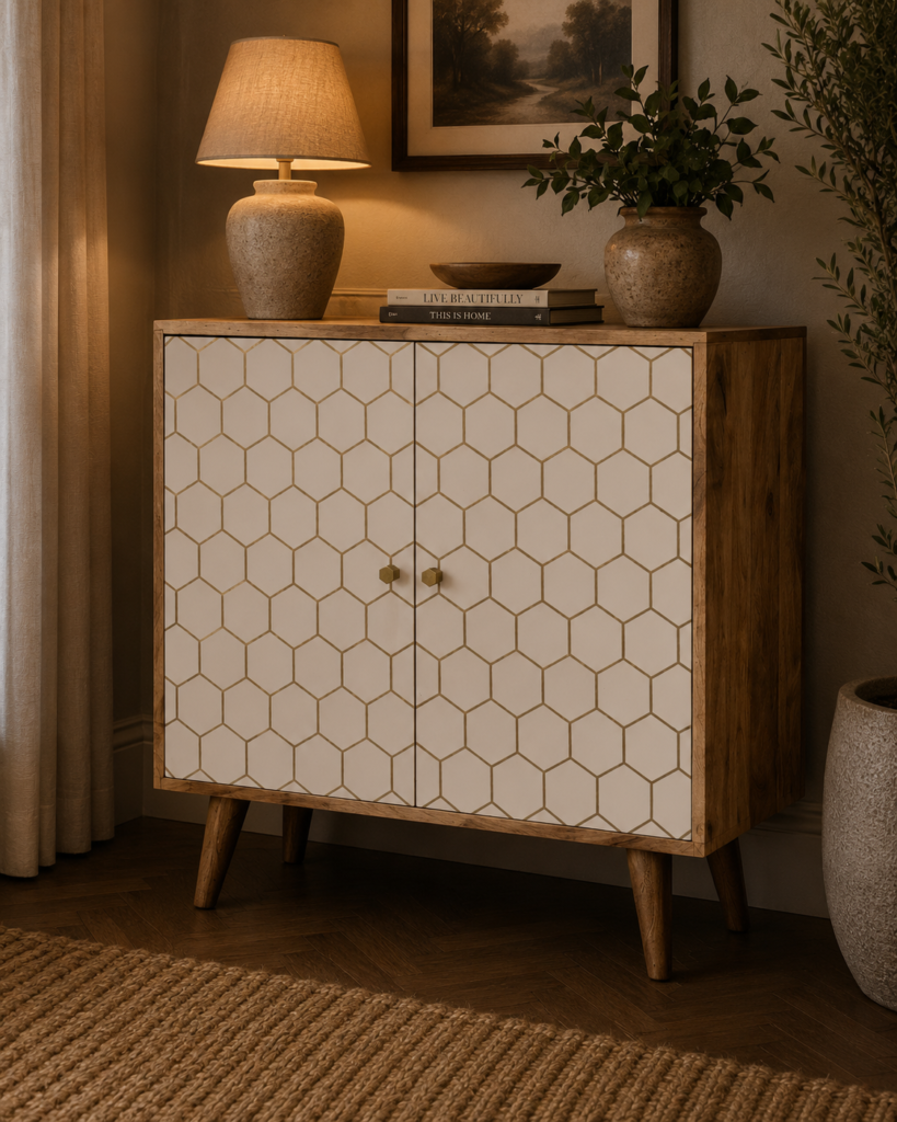 Solid Mango Wood Honeycomb Patterned White Front with Brass Inlay Cassia Cabinet
