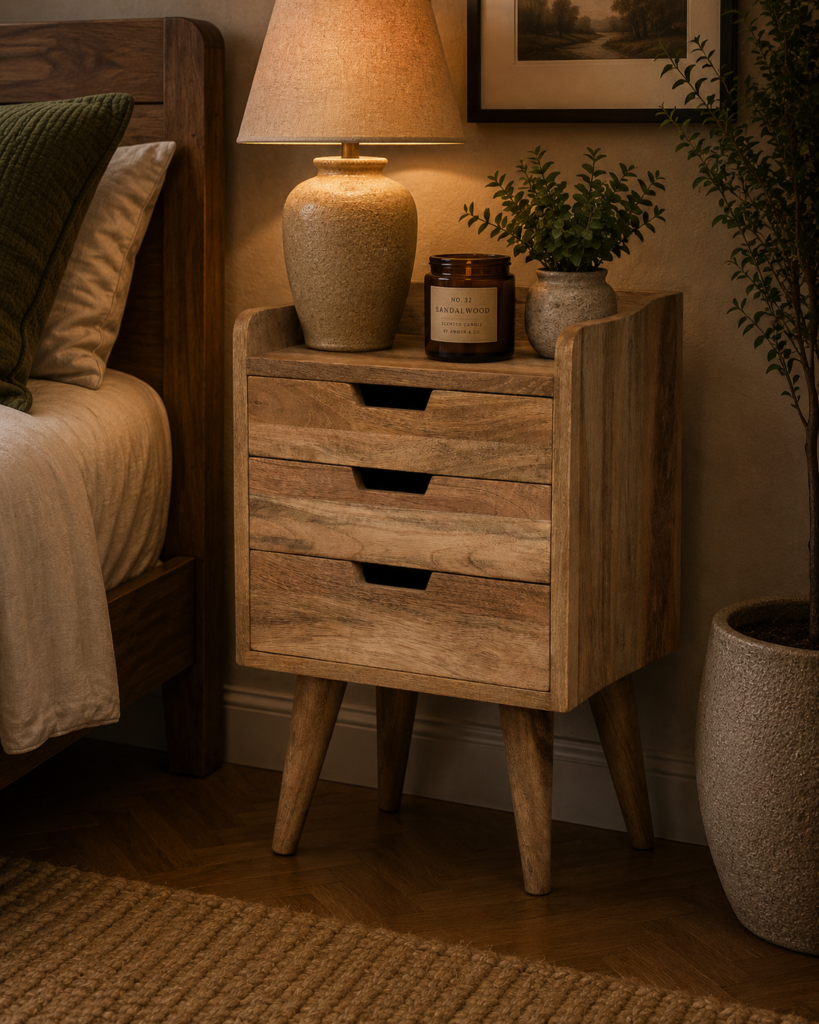 Solid Mango Wood Oak Finished 3 Drawer Gallery Back Bedside