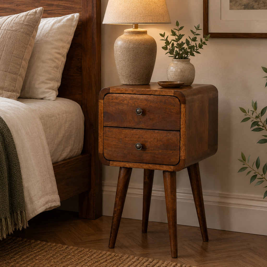 Solid Mango Wood Chestnut Finished 2 Drawer Mini Curved Bedside