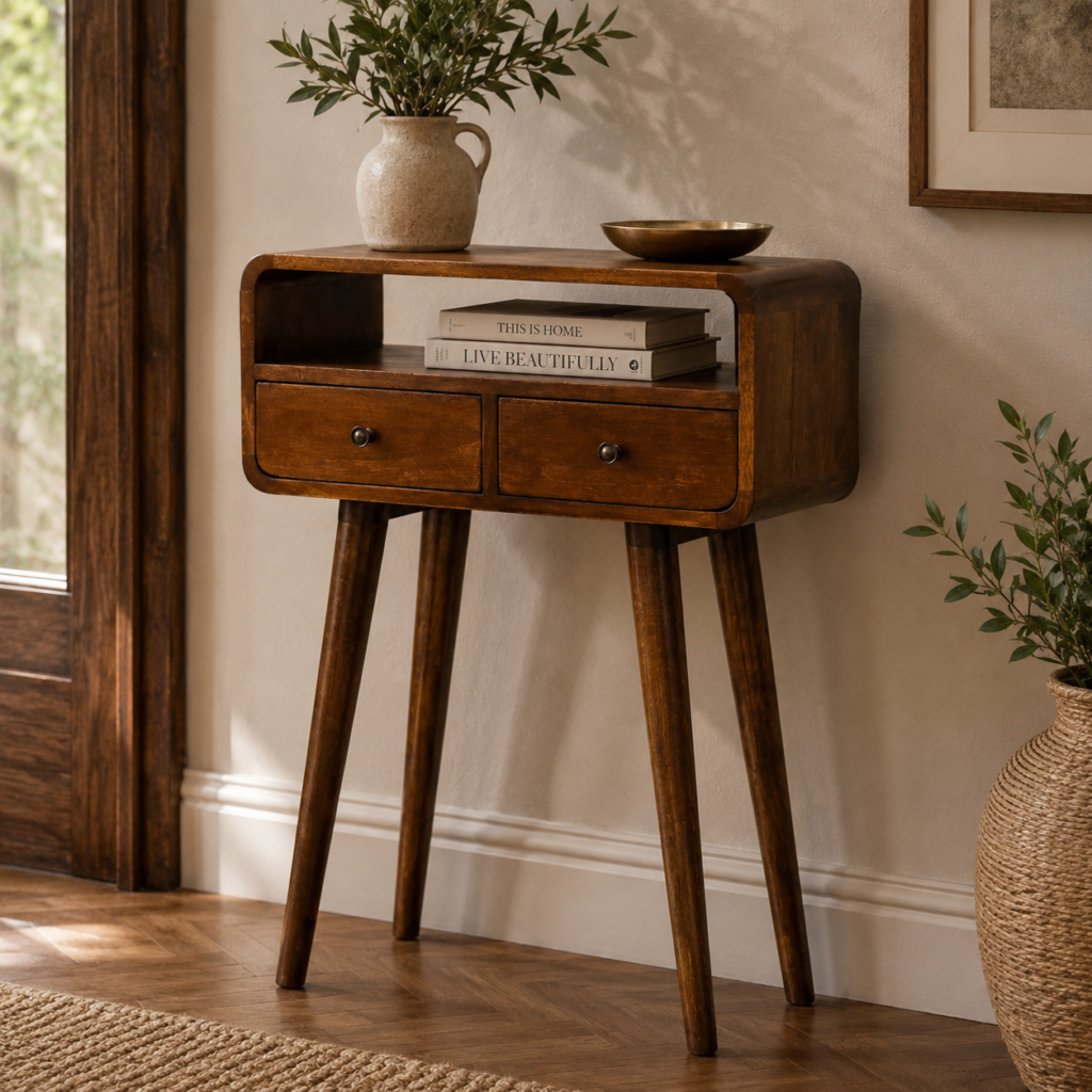 Solid Mango Wood Chestnut Finished 2 Drawer Console Table