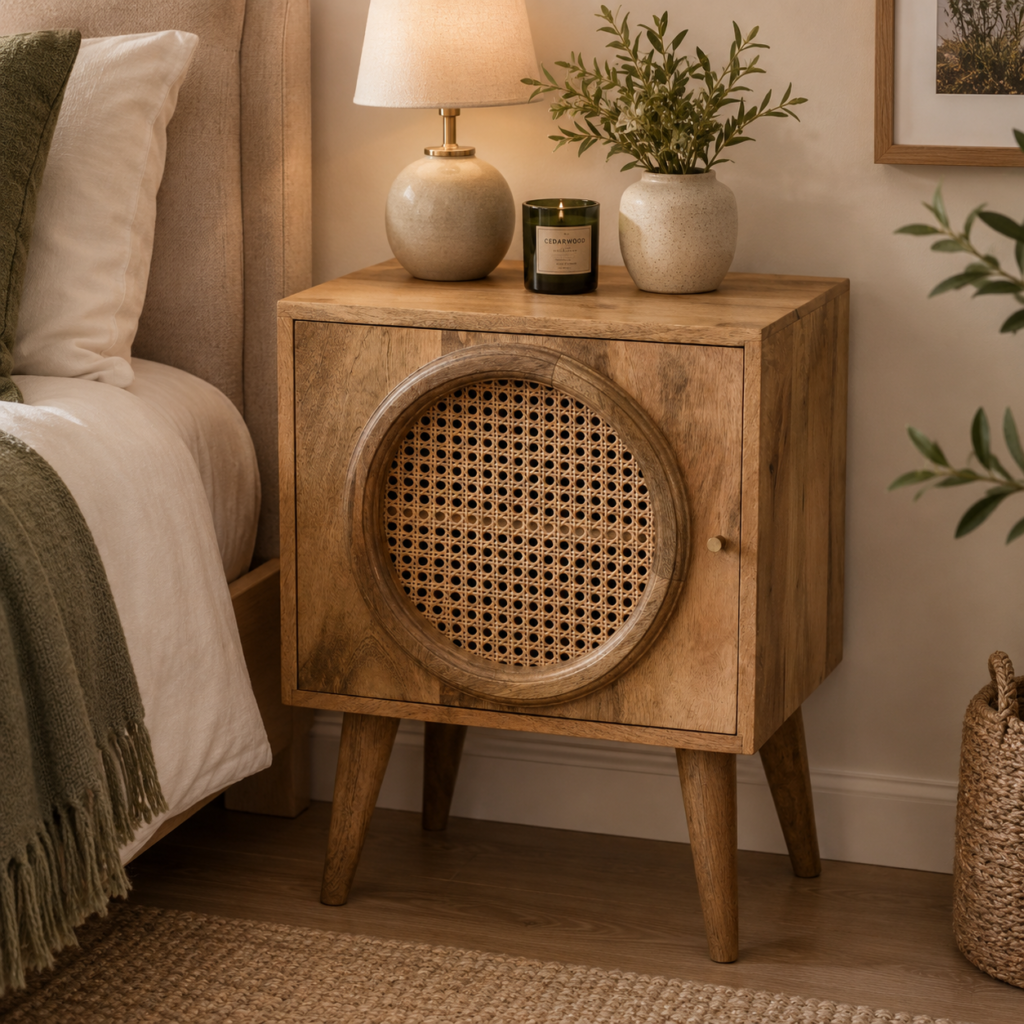 Solid Mango Wood Oak & Rattan Finished Larissa Bedside