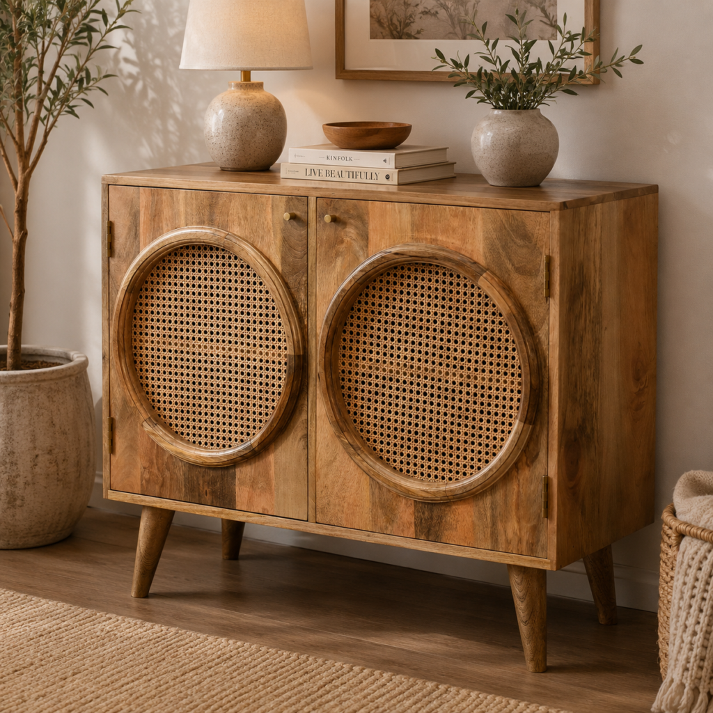 Solid Mango Wood Oak & Rattan Finished Larissa Cabinet