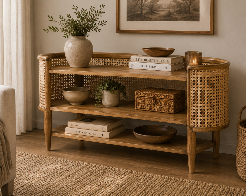Solid Mango Wood Oak & Rattan Finished Curved Open Sideboard