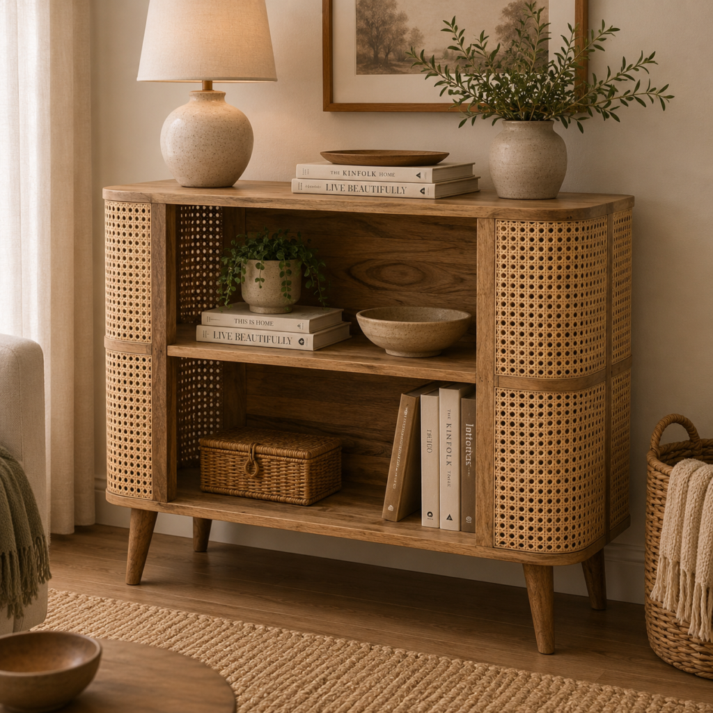 Solid Mango Wood Oak & Rattan Finished Double Open Cabinet