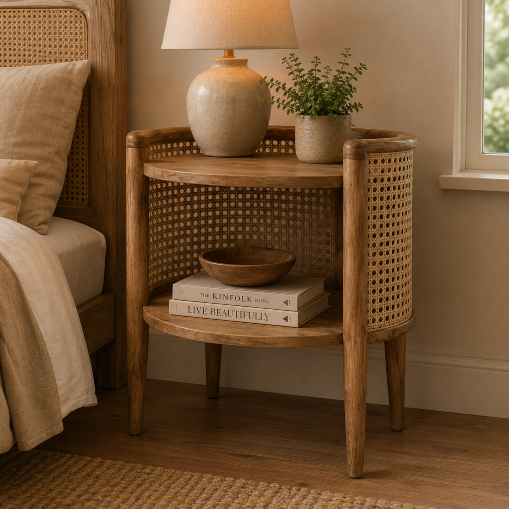 Solid Mango Wood Oak Finished & Rattan Open Mini Bedside