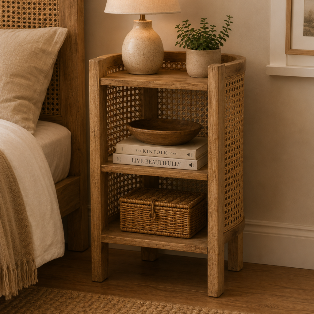 Solid Mango Wood and Rattan 1 Shelf Open Bedside