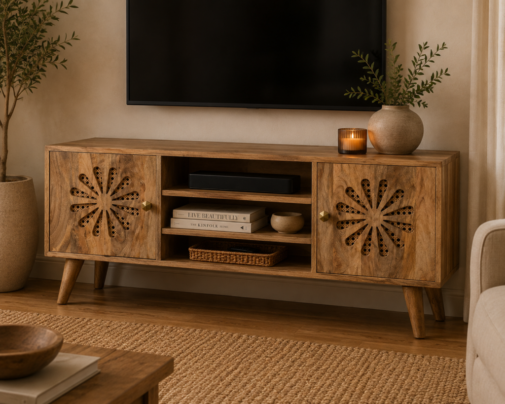 Solid Mango Wood Oak & Rattan Finished 2 Door with Shelves Rosalie Media Unit