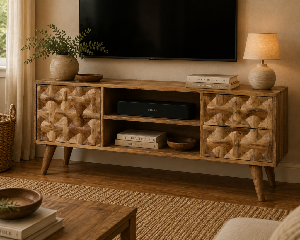 Solid Mango Wood Oak Finished 1 Door 2 Slots 2 Drawers Kita Media Unit