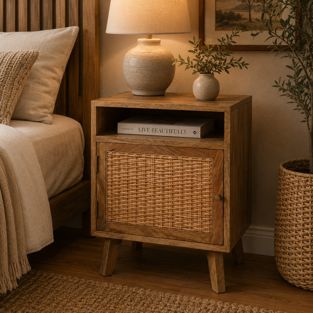 Solid Mango Wood Oak Finished Rattan Knit 1 Door Bedside