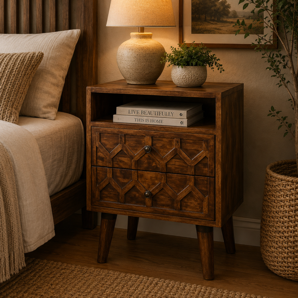 Solid Mango Wood Chestnut Finished 2 Drawer Amouri Bedside
