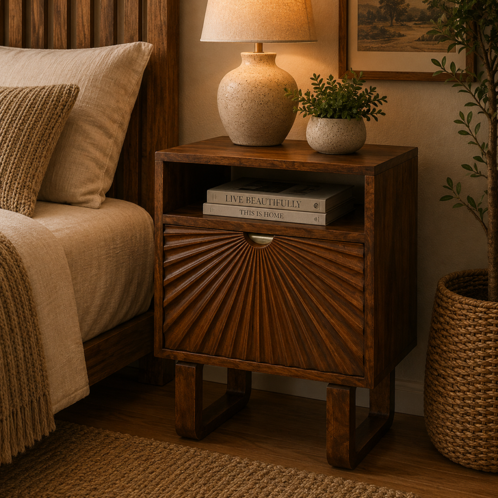 Solid Mango Wood Chestnut Finished 1 Cabinet Door 1 Slot Drew Bedside