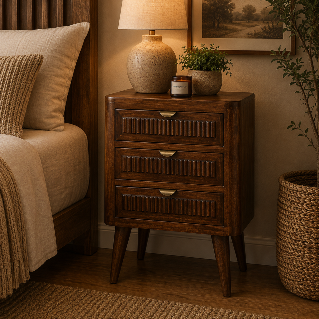 Solid Mango Wood Chestnut Finished 3 Drawer Bedside