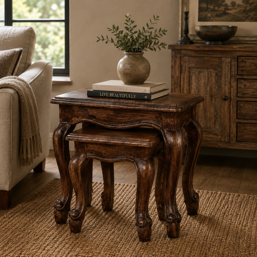 Solid Mango Wood Chestnut Finished 2 Stool Set