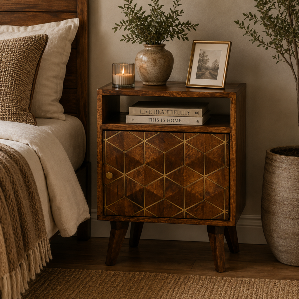 Solid Mango Wood Chestnut Finished 1 Door 1 Slot Diamond Patterned Bedside