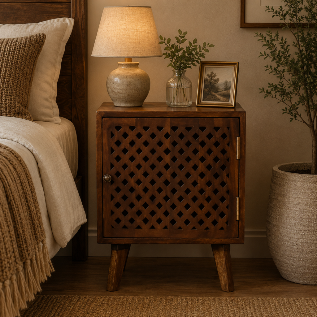 Solid Mango Wood Chestnut Finished 1 Door Carved Front Bedside