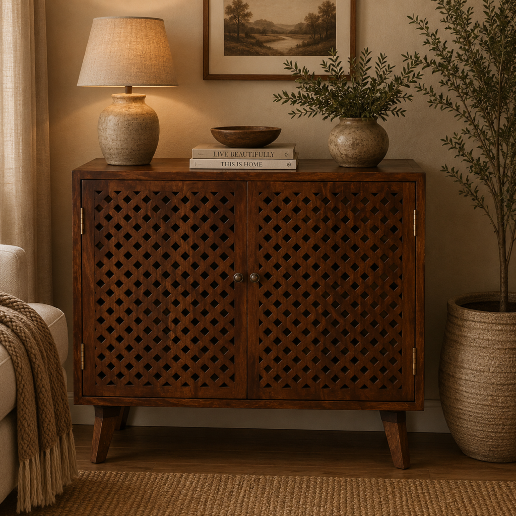Solid Mango Wood Chestnut Finished 2 Door Carved Front Cabinet