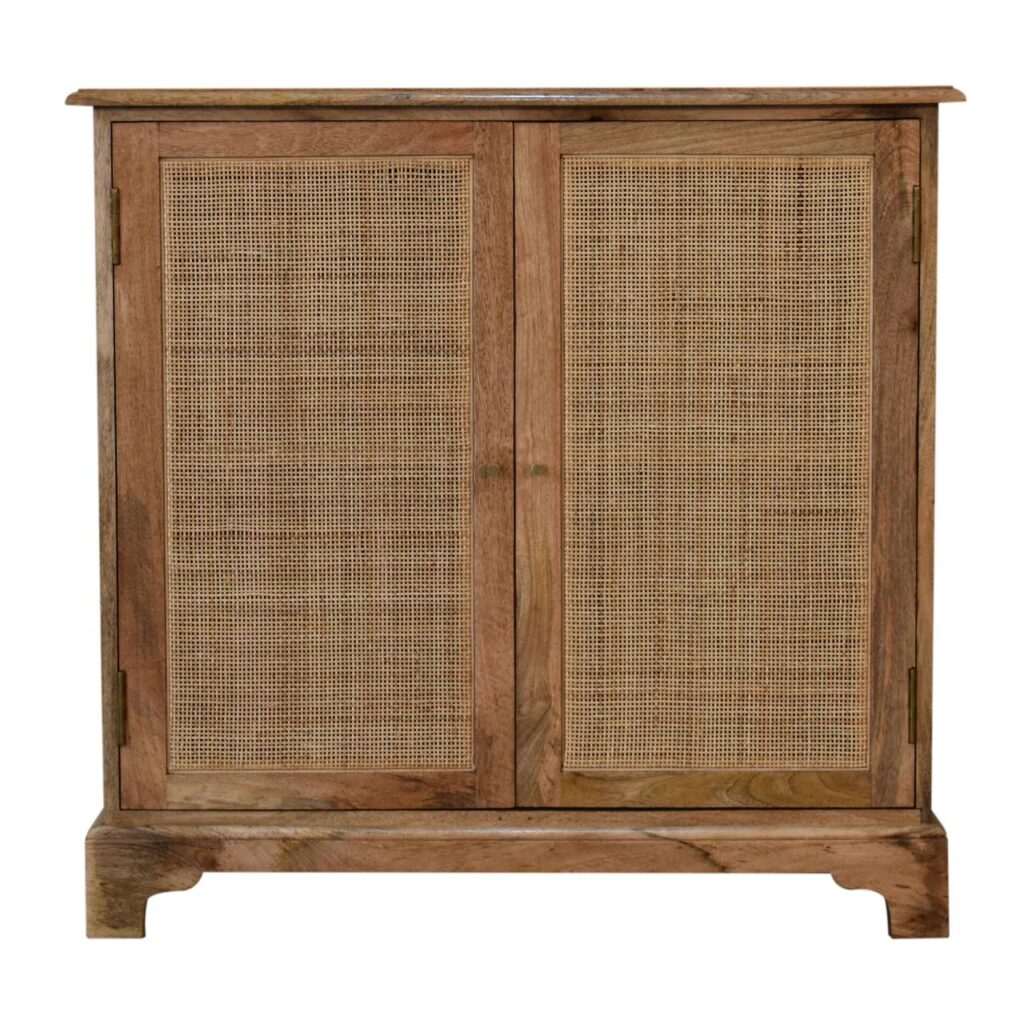 Solid Mango Wood Oak Finished 2 Woven Doors Lounge Cabinet