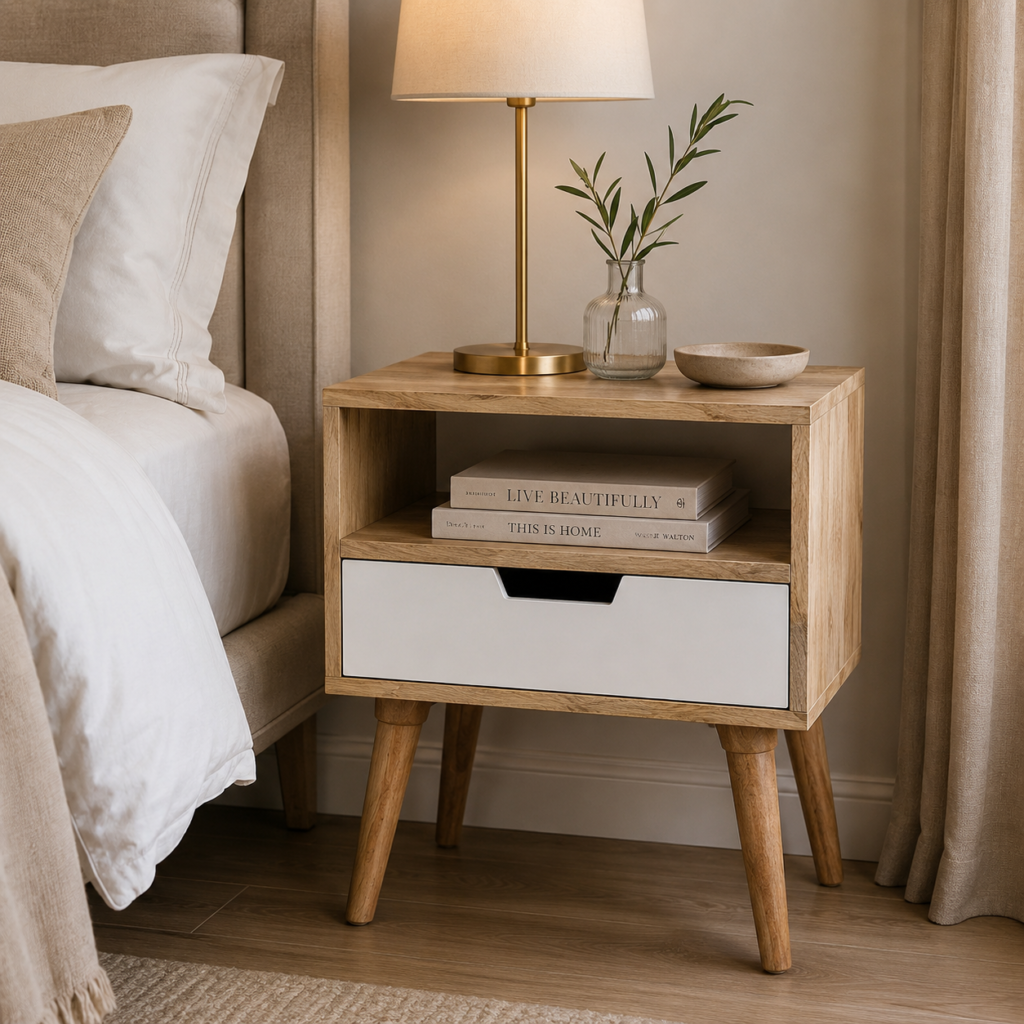 Solid Mango Wood Oak Finished 1 Drawer 1 Slot Cabinet