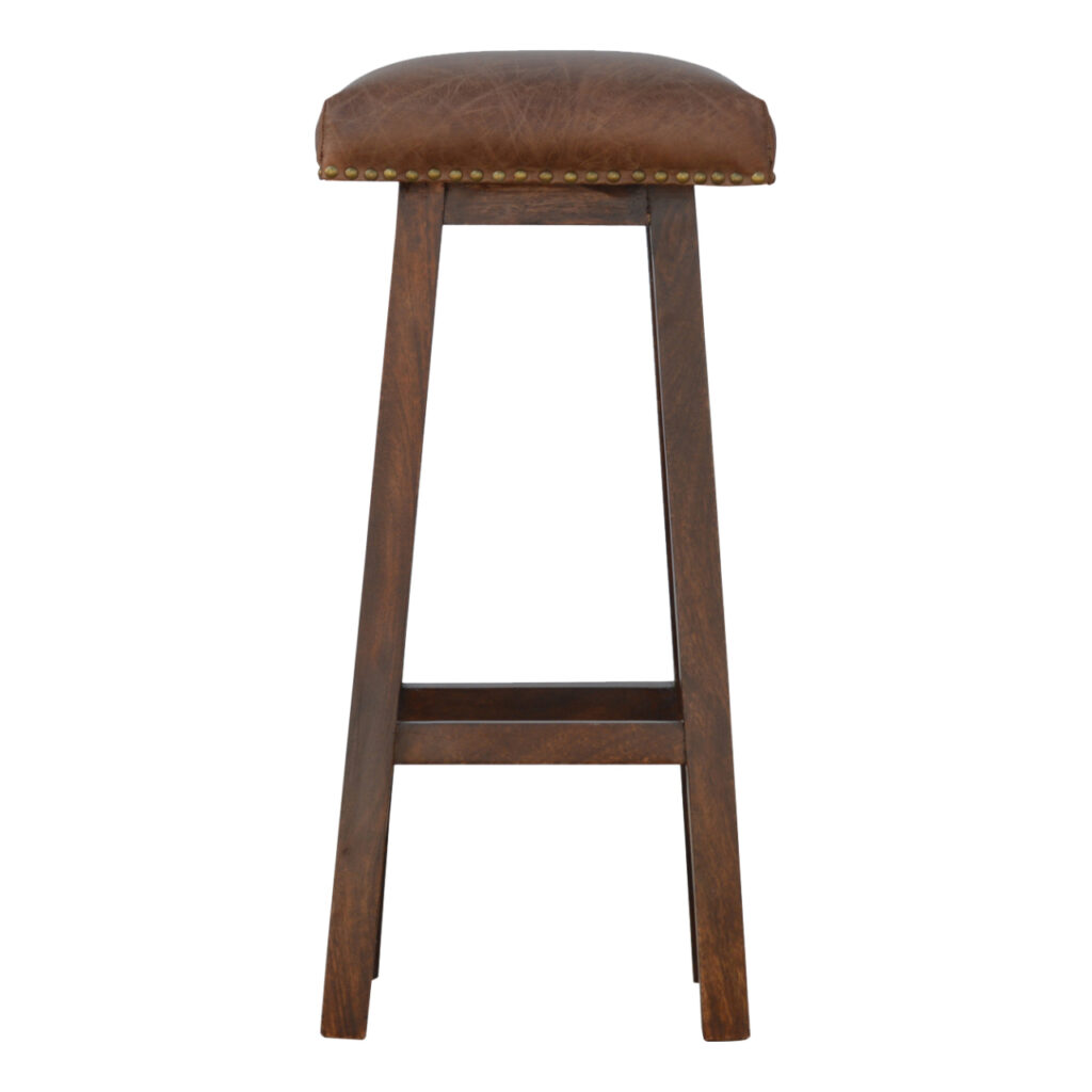 Solid Mango Wood Oak Finished Brass & Leather Upholstered Bar Stool