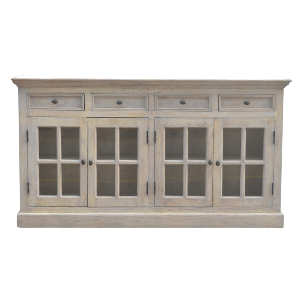Solid Mango Wood Stone Washed Country Style 4 Drawer Glass Doors Sideboard