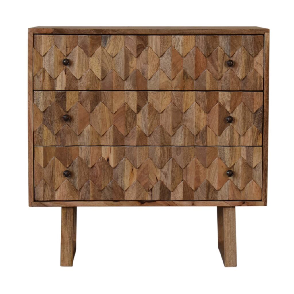 Solid Mango Wood Oak Finished 3 Drawer Pineapple Patterned Chest with 'U' Shaped Legs