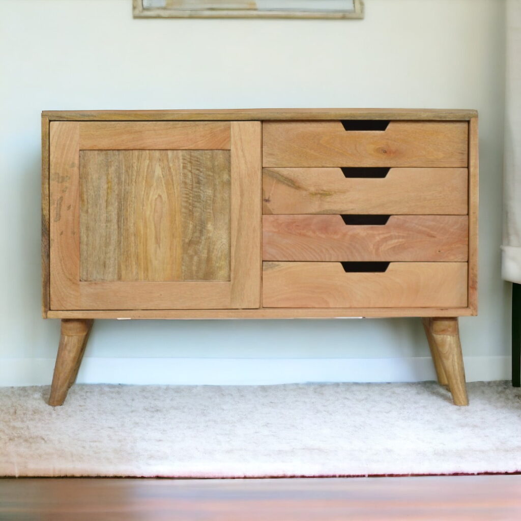 Solid Mango Wood Oak Finished 4 Drawer Sliding Door Sideboard