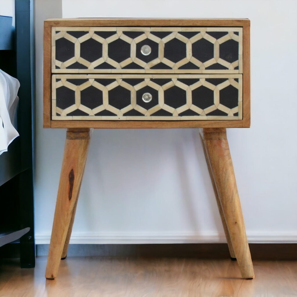 Solid Mango Wood Oak Finished Bone Inlaid Two Drawer Cabinet