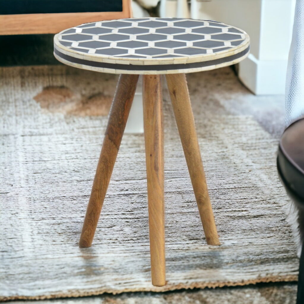 Solid Mango Wood Bone Inlay Tripod Stool
