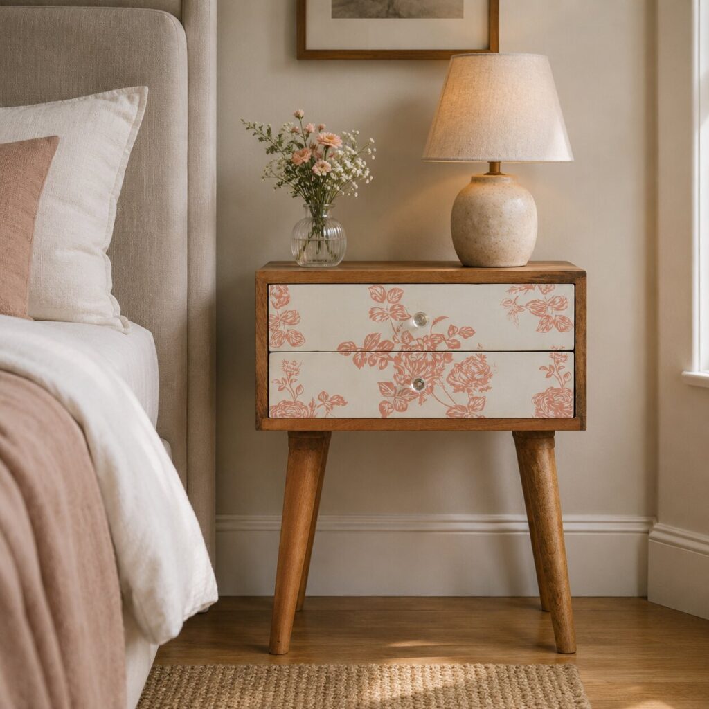 Solid Mango Wood Oak Finished Pink Floral Screen Printed 2 Drawer Bedside Cabinet