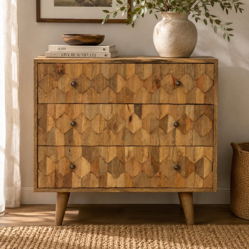 Solid Mango Wood Oak Finished 3 Drawer Carved Pineapple Front Chest