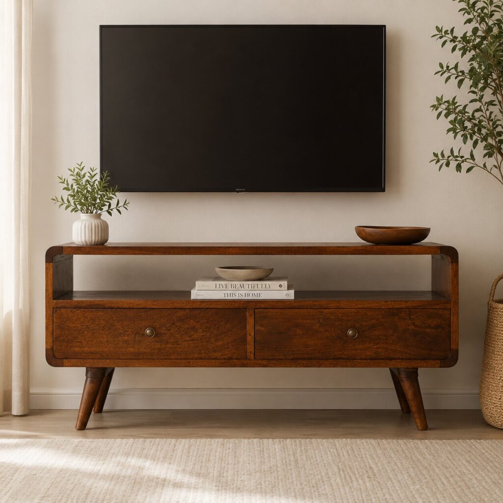 Solid Mango Wood Chestnut Finished 2 Drawer 1 Slot Curved Media Unit