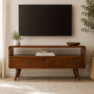 Solid Mango Wood Chestnut Finished 2 Drawer 1 Slot Curved Media Unit