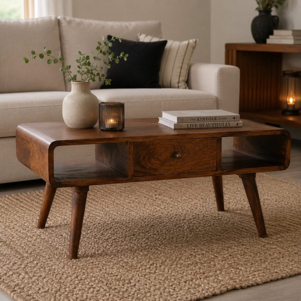 Solid Mango Wood Chestnut Finished 2 Drawer Curved Coffee Table