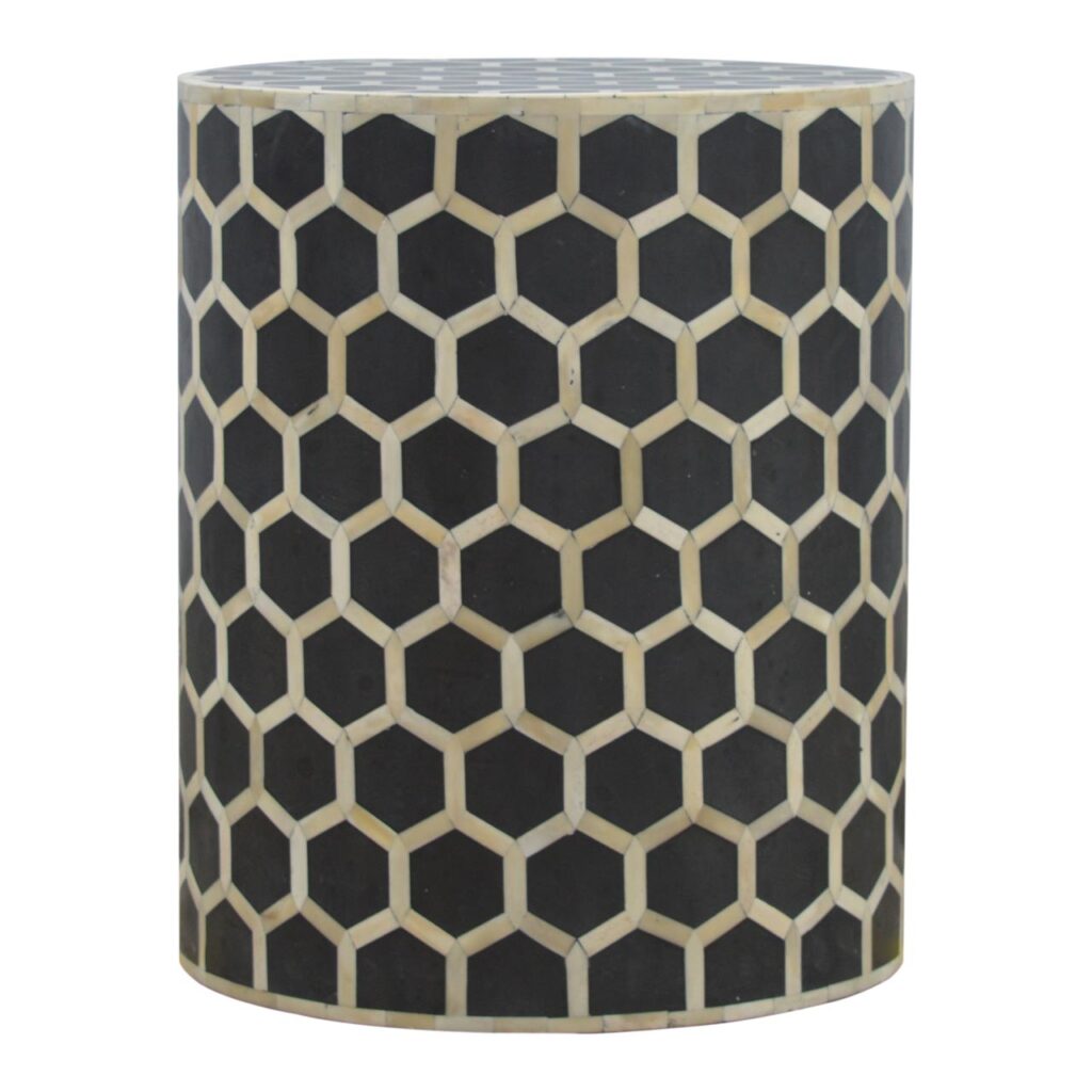 Solid Mango Wood Walnut Finished Cylindrical Bone Inlaid Stool