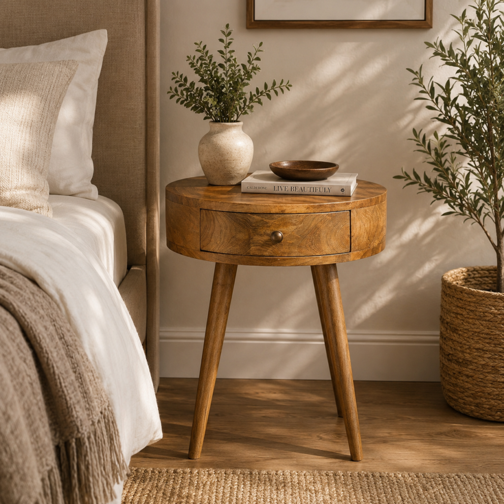 Solid Mango Wood Oak Finished 1 Drawer Nordic Circular Shaped Bedside