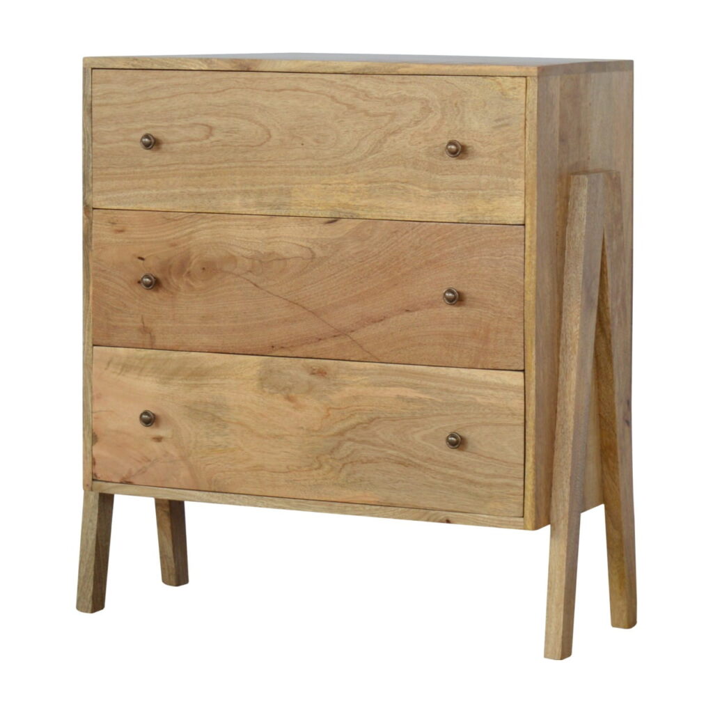 Solid Mango Wood Oak Finished Trestle Style 3 Drawer Chest