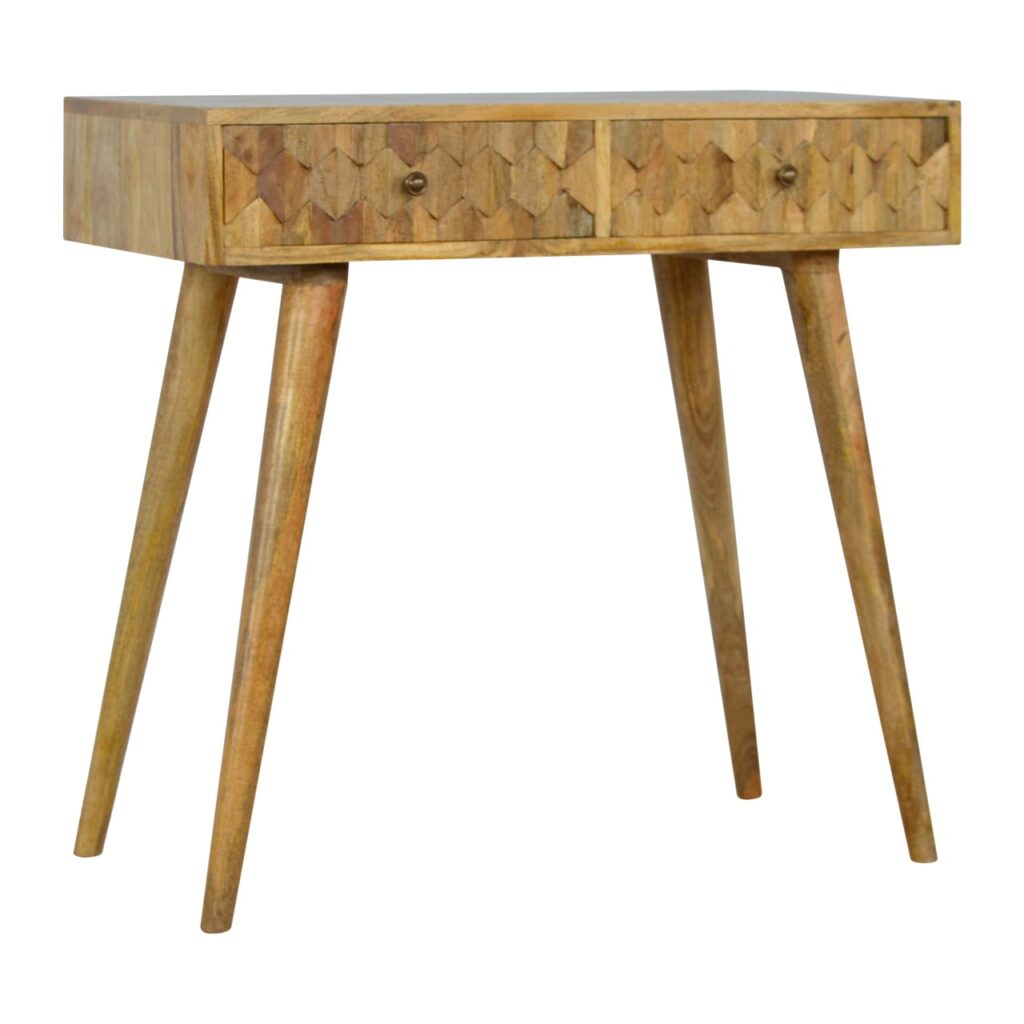 Solid Mango Wood Oak Finished 2 Drawer Pineapple Carved Front Console Table