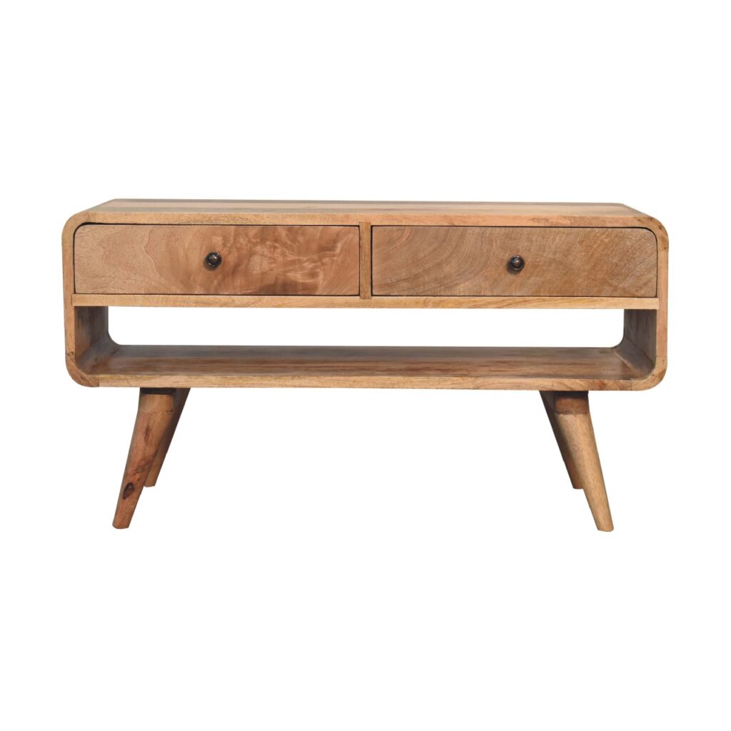 Solid Mango Wood Oak Finished 2 Drawer Reverse Curve Media Unit