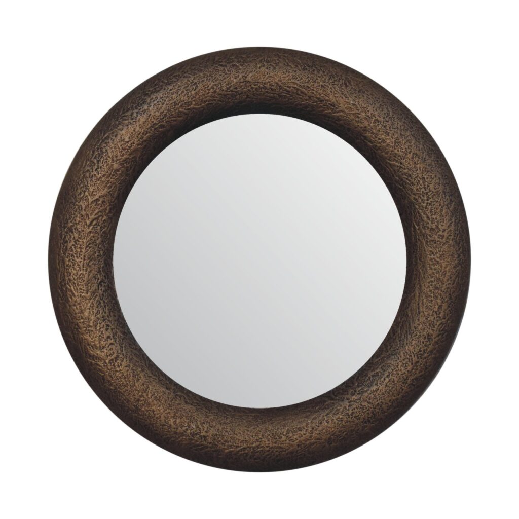 Solid Mango Wood Natural Finished Round Metallic Hammered Mirror