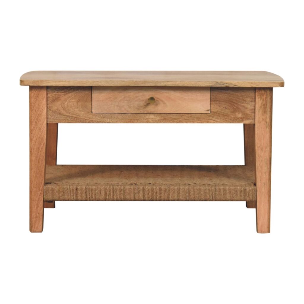 Solid Mango Wood Natural Finished Rope Pattern Shelf 2 Drawers Coffee Table