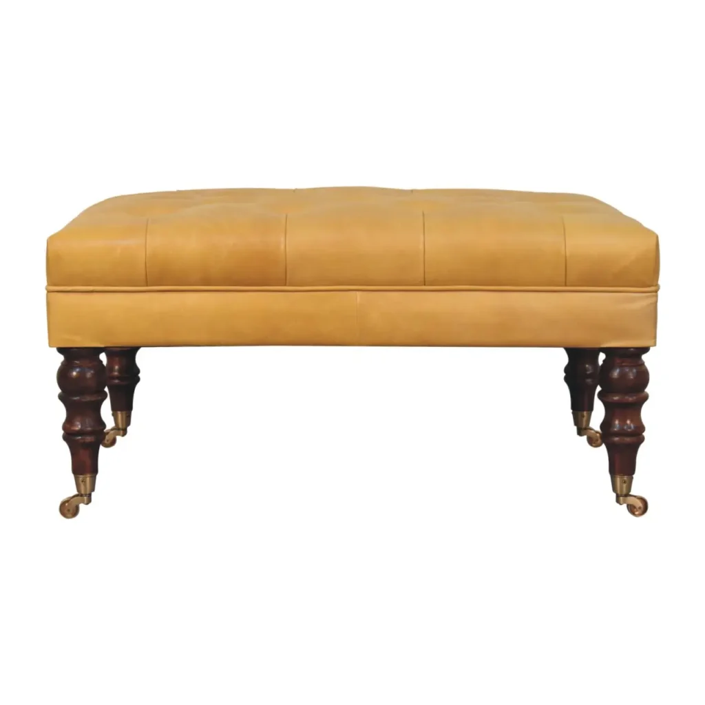 Solid Mango Wood Honey Caramel Finished and Buffalo Tan Leather Ottoman with Castor Legs