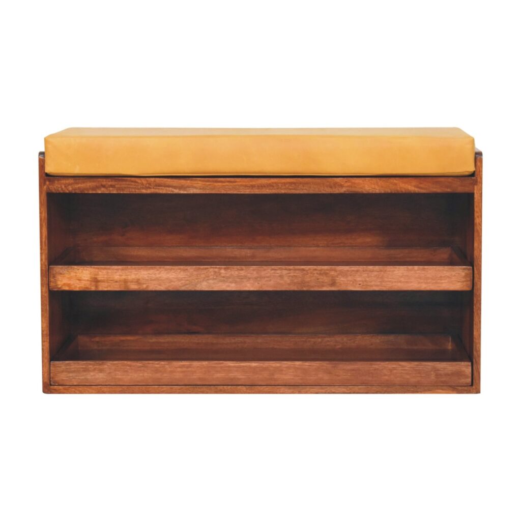 Solid Mango Wood Honey Caramel Finished Leather Pull Out Shoe Storage Bench