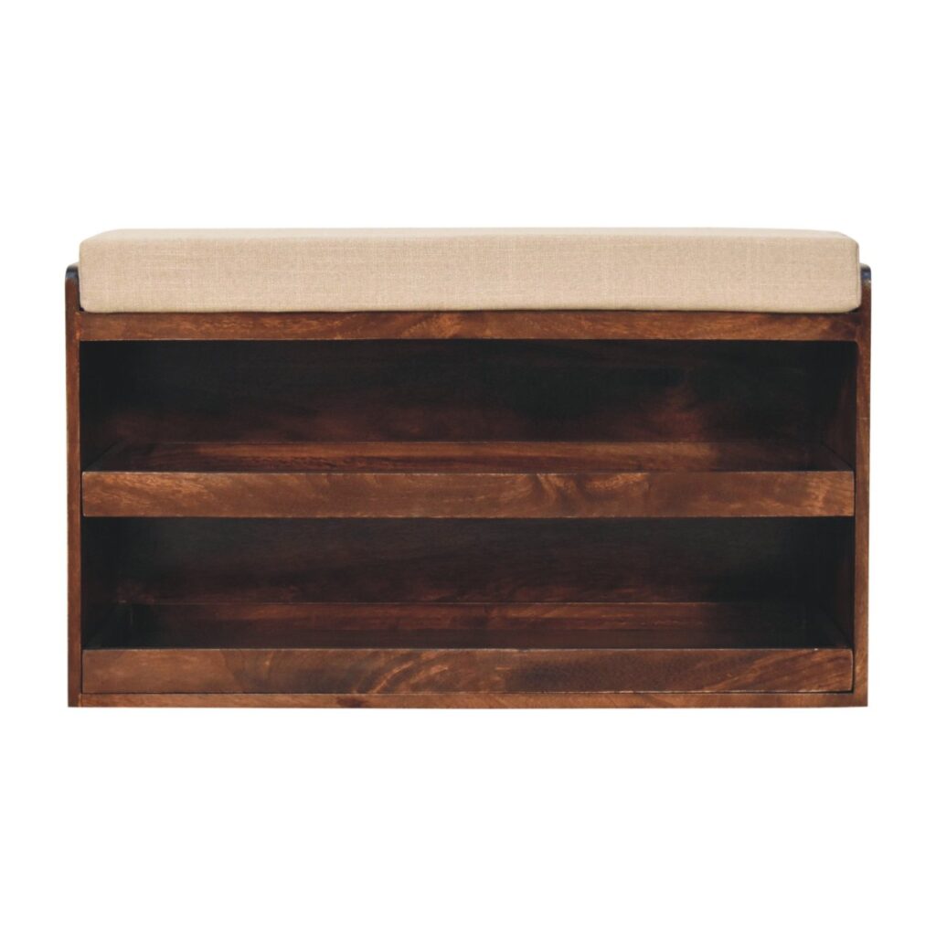 Solid Mango Wood California Walnut Finish & Mud Linen Upholstery Pull out Shoe Bench
