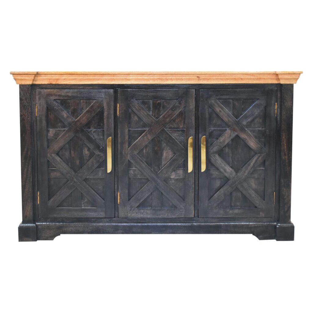 Solid Mango Wood Regal Ash Black Finished Rustic 3 Door Sideboard