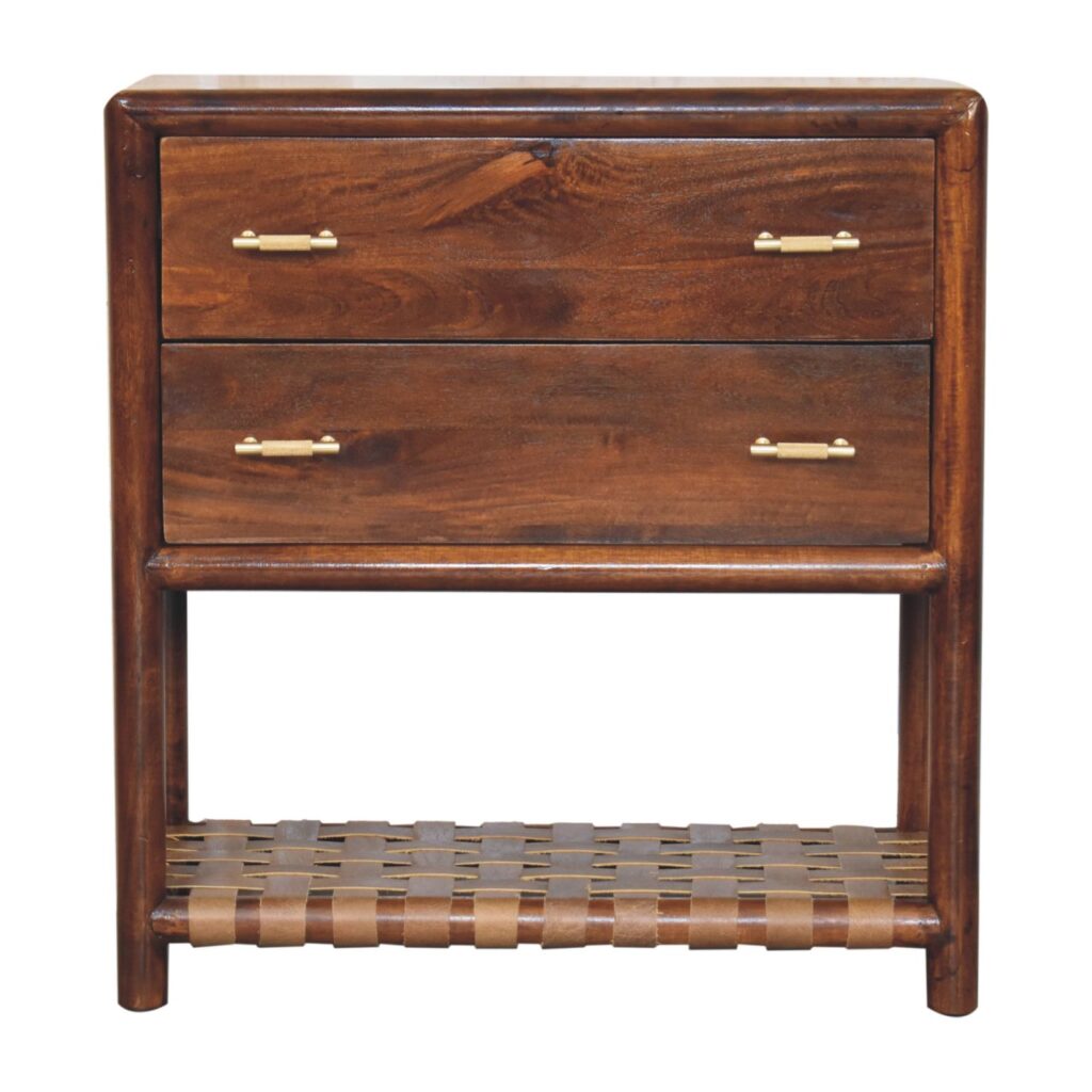 Solid Mango Wood Natural Finish Regency Woven Shelf 2-Drawer Nightstand