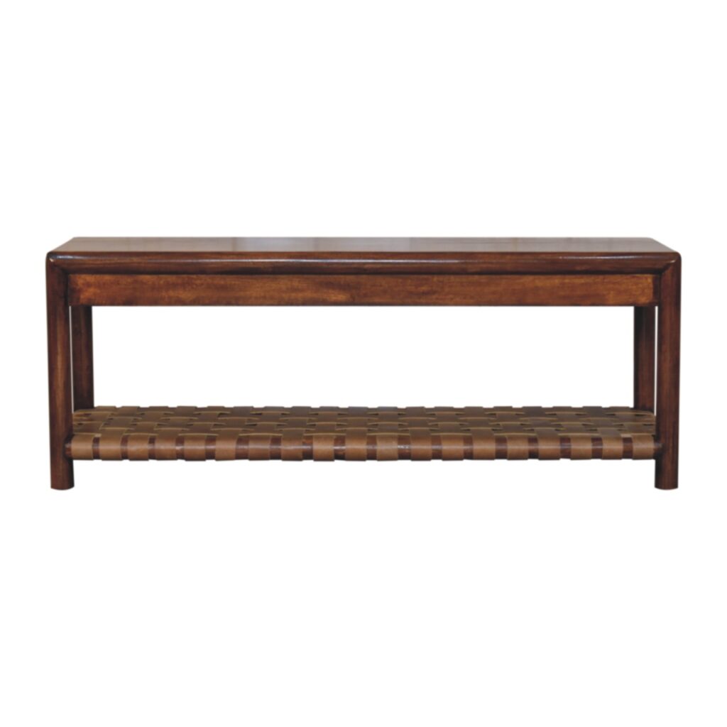 Solid Mango Wood Chestnut Finished Regency Woven Shelf Bench
